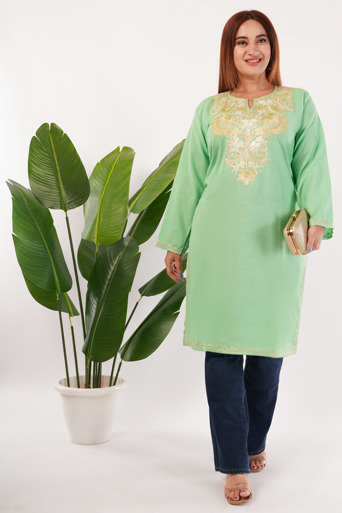Kashmiri Aari embroidery Cotton Long Kurti Size-44(Green)