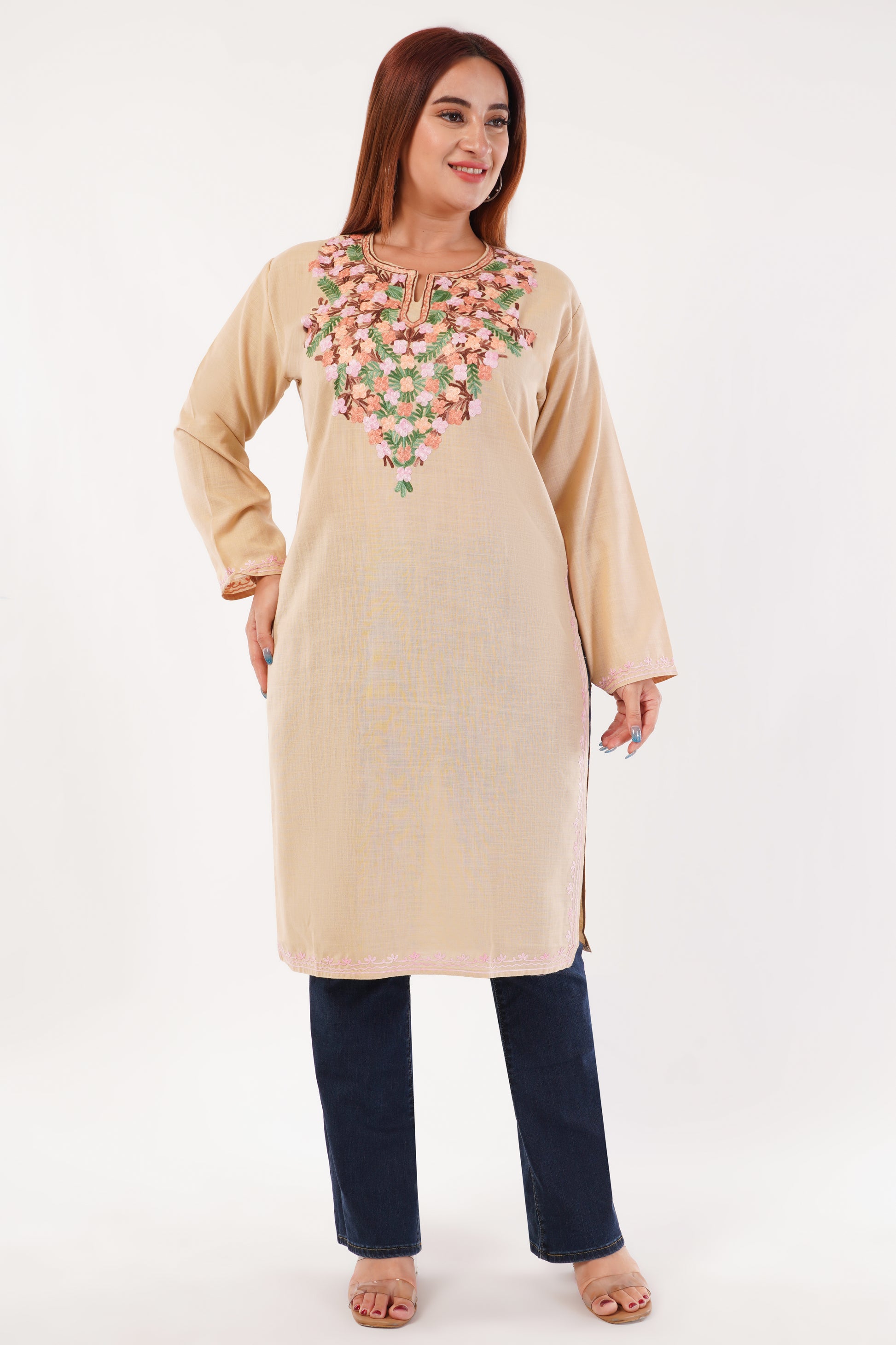 Kashmiri Aari embroidery Cotton Long Kurti Size-44(Beige)