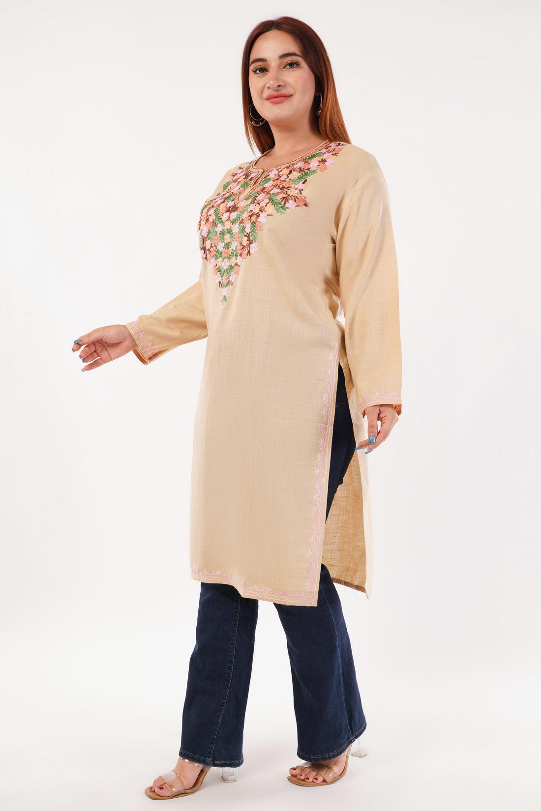 Kashmiri Aari embroidery Cotton Long Kurti Size-44(Beige)