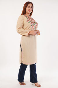 Kashmiri Aari embroidery Cotton Long Kurti Size-44(Beige)