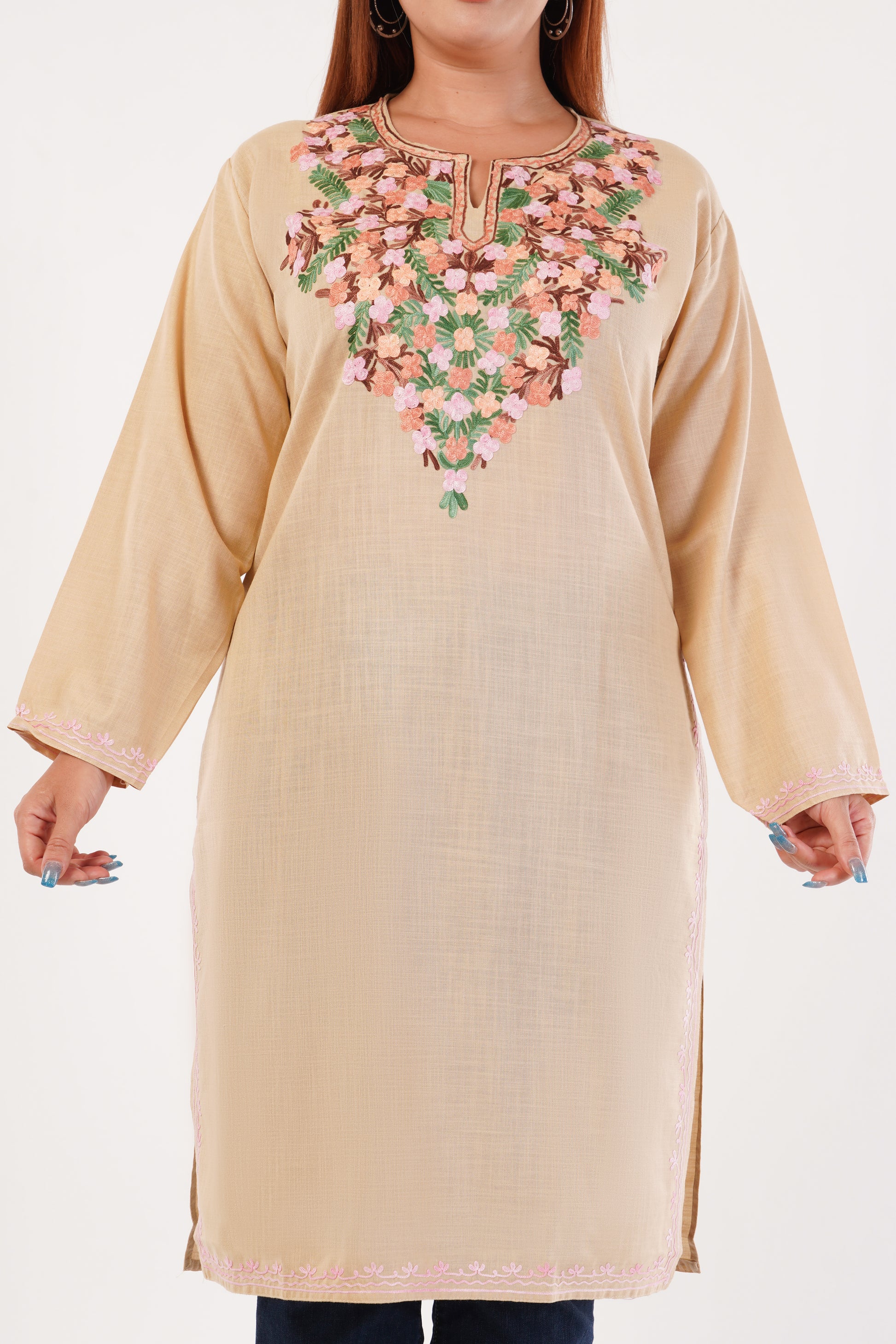 Kashmiri Aari embroidery Cotton Long Kurti Size-44(Beige)