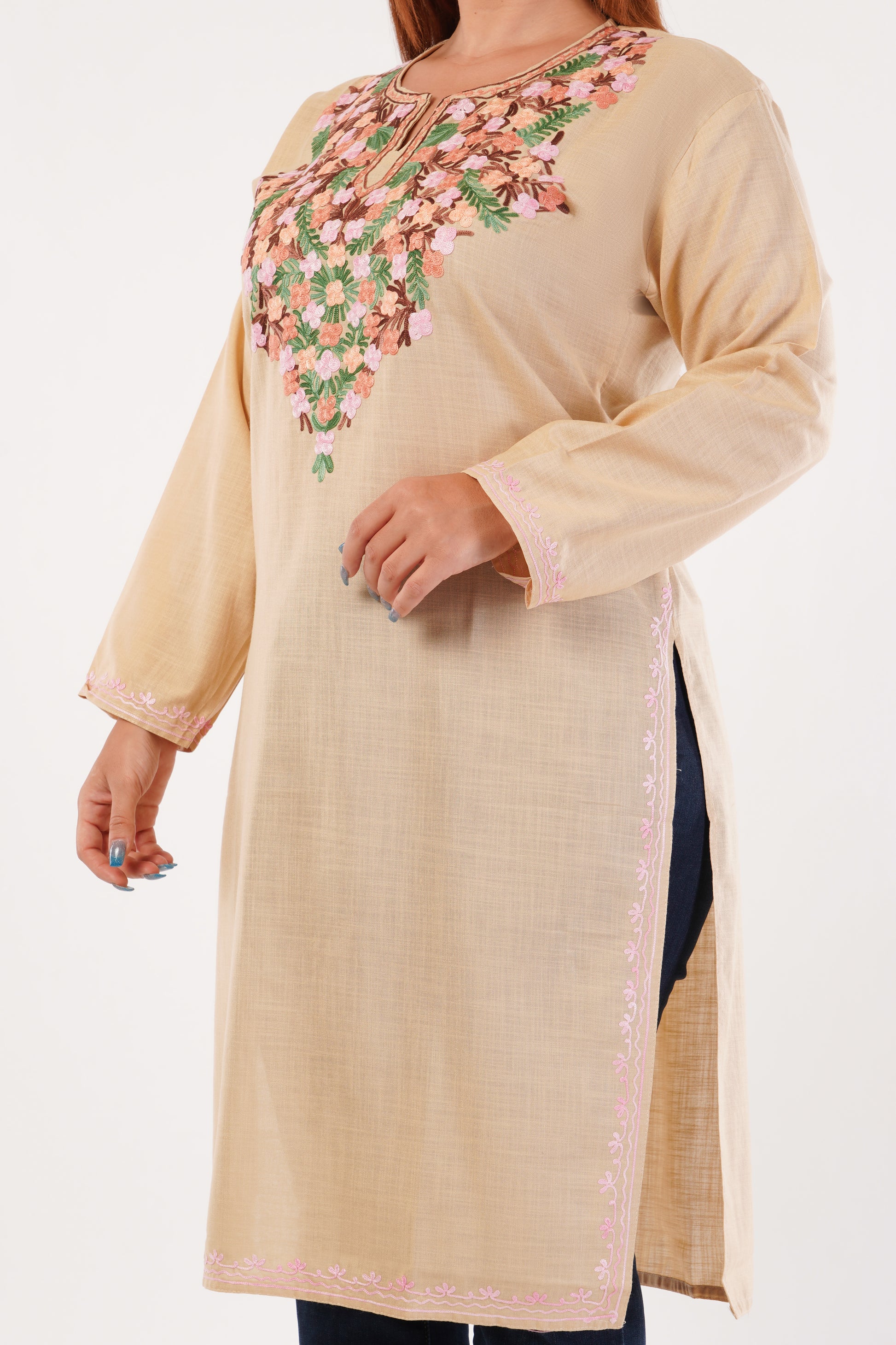 Kashmiri Aari embroidery Cotton Long Kurti Size-44(Beige)