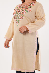 Kashmiri Aari embroidery Cotton Long Kurti Size-44(Beige)