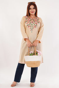 Kashmiri Aari embroidery Cotton Long Kurti Size-44(Beige)