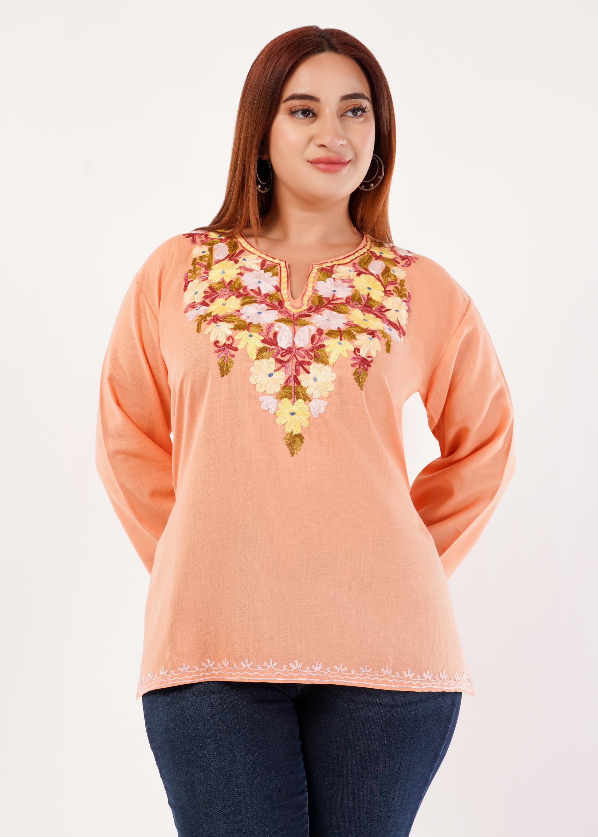 Kashmiri Aari embroidery Cotton Short Kurti Size-46 (peach)