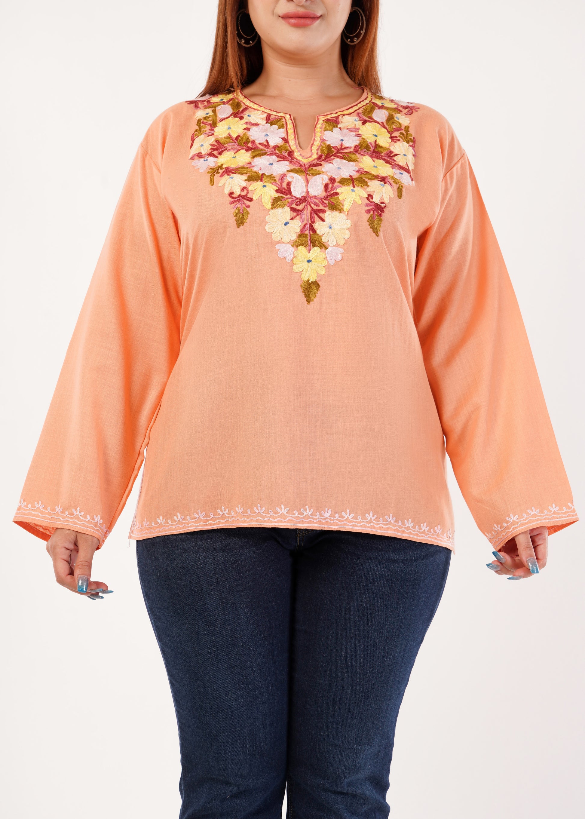 Kashmiri Aari embroidery Cotton Short Kurti Size-46 (peach)