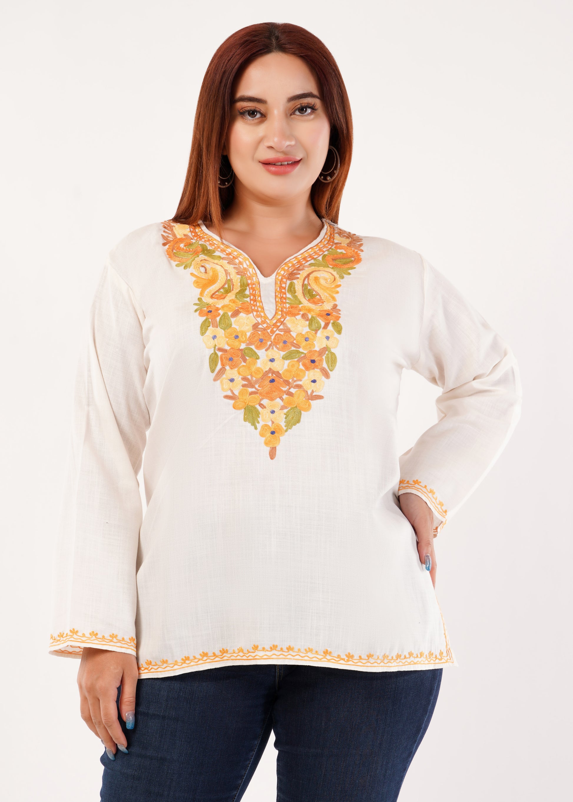 Kashmiri Aari embroidery Cotton Short Kurti Size-46 (White)