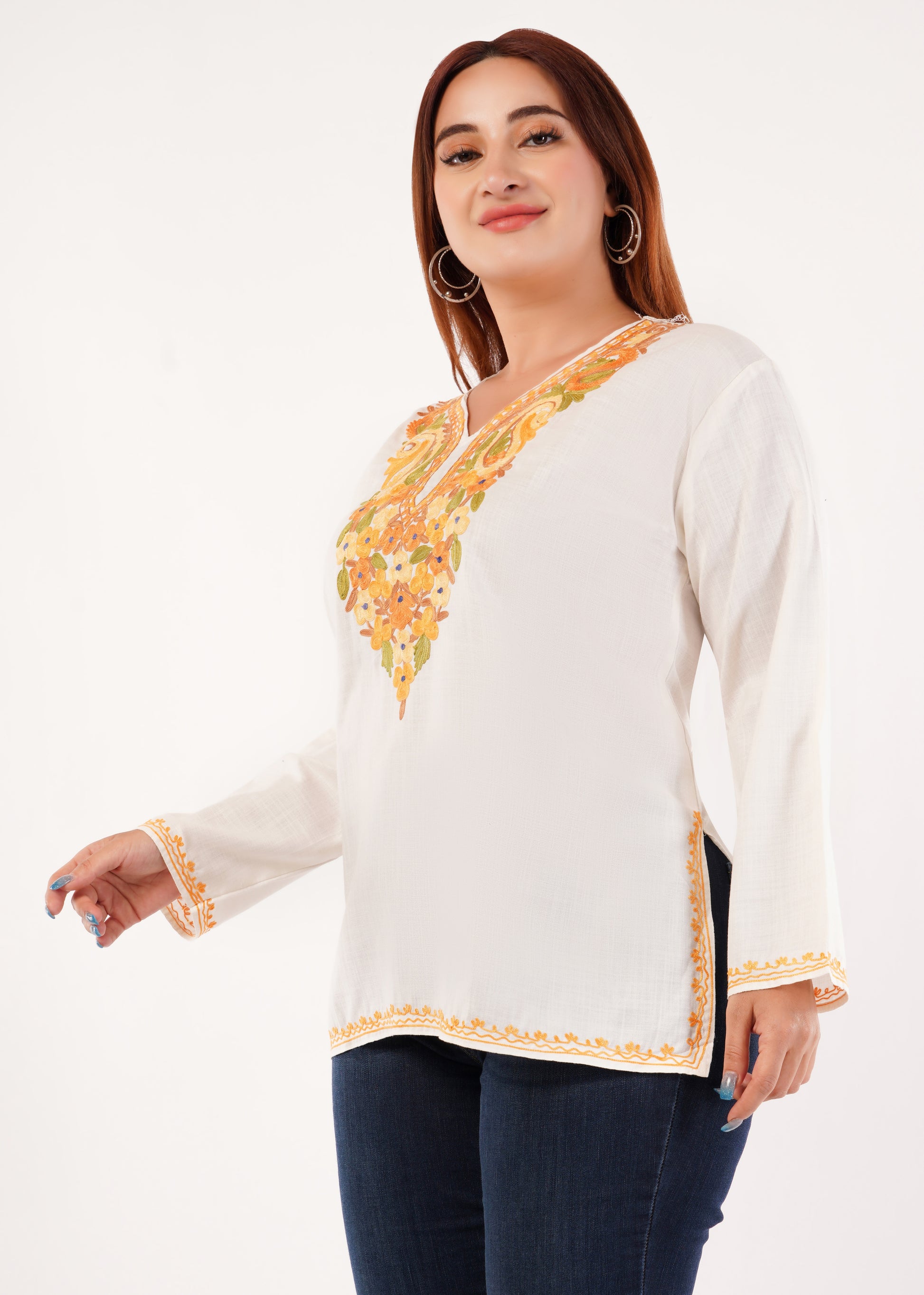 Kashmiri Aari embroidery Cotton Short Kurti Size-46 (White)