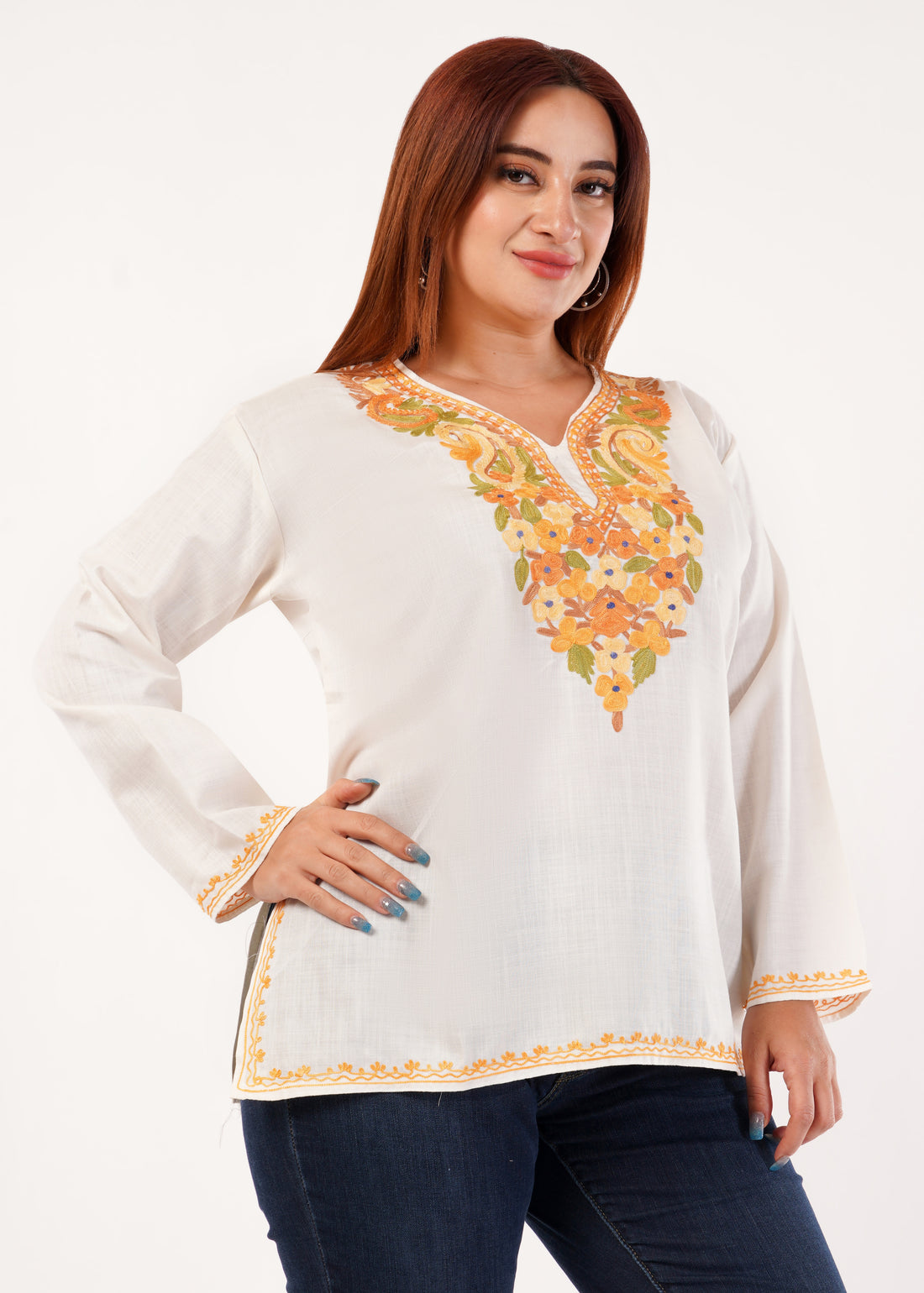 Kashmiri Aari embroidery Cotton Short Kurti Size-46 (White)