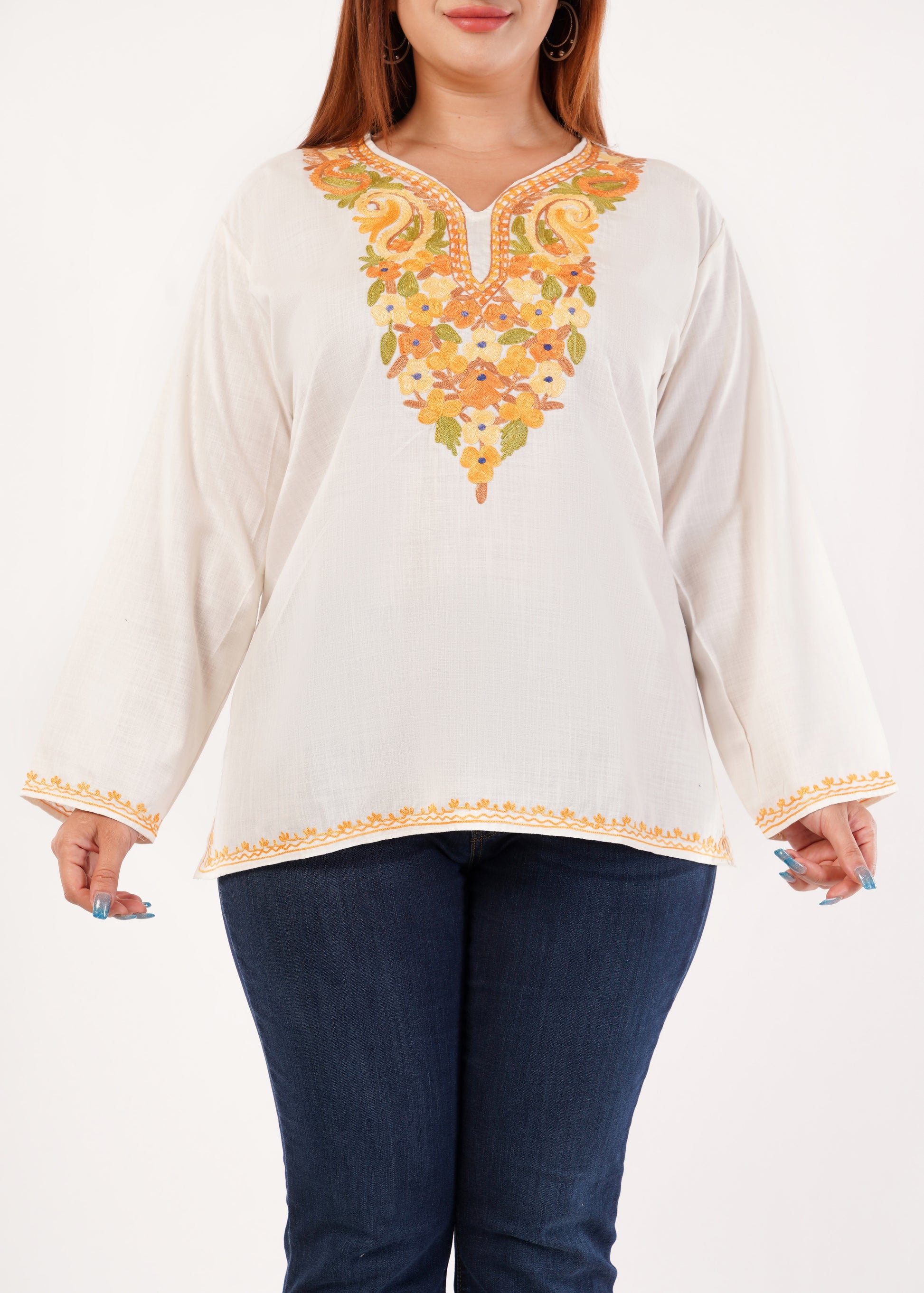 Kashmiri Aari embroidery Cotton Short Kurti Size-46 (White)