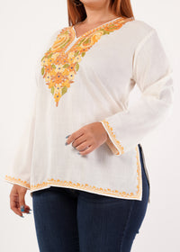 Kashmiri Aari embroidery Cotton Short Kurti Size-46 (White)