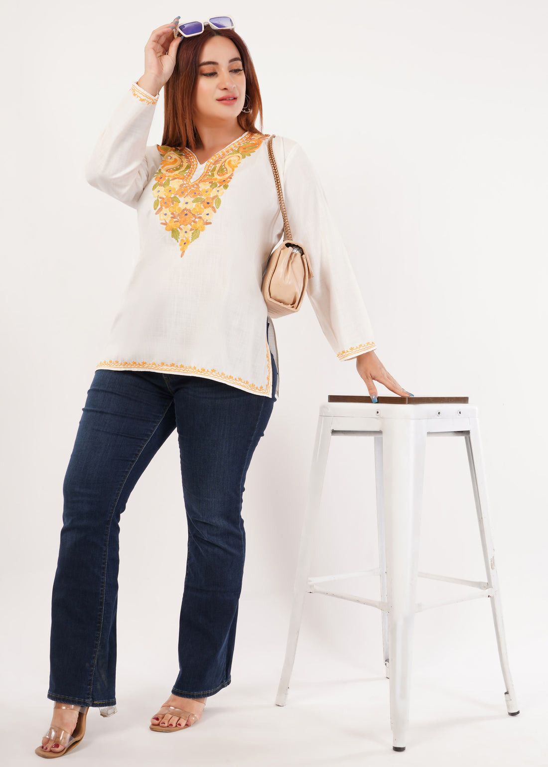 Kashmiri Aari embroidery Cotton Short Kurti Size-46 (White)