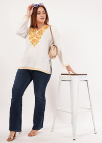 Kashmiri Aari embroidery Cotton Short Kurti Size-46 (White)