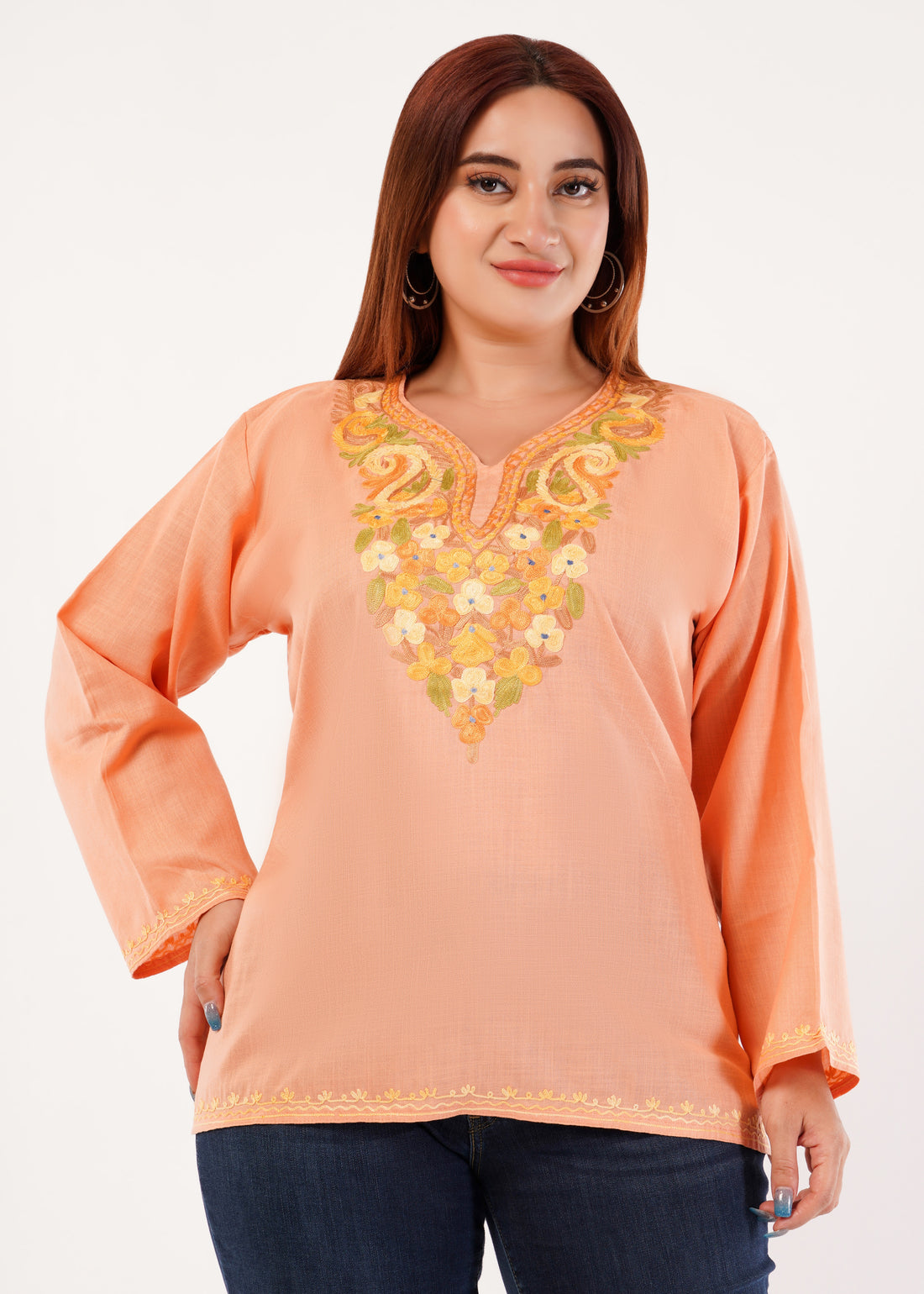 Kashmiri Aari embroidery Cotton Short Kurti Size-46 (Peach)