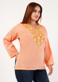 Kashmiri Aari embroidery Cotton Short Kurti Size-46 (Peach)