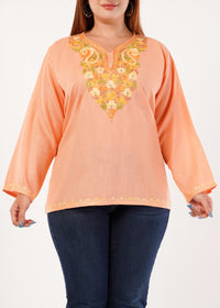 Kashmiri Aari embroidery Cotton Short Kurti Size-46 (Peach)
