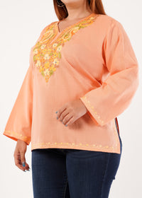 Kashmiri Aari embroidery Cotton Short Kurti Size-46 (Peach)