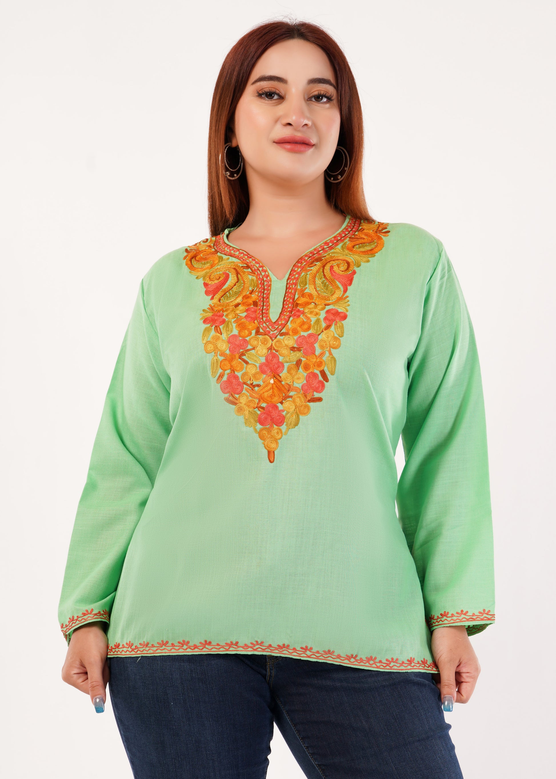 Kashmiri Aari embroidery Cotton Short Kurti Size-46 (Green)