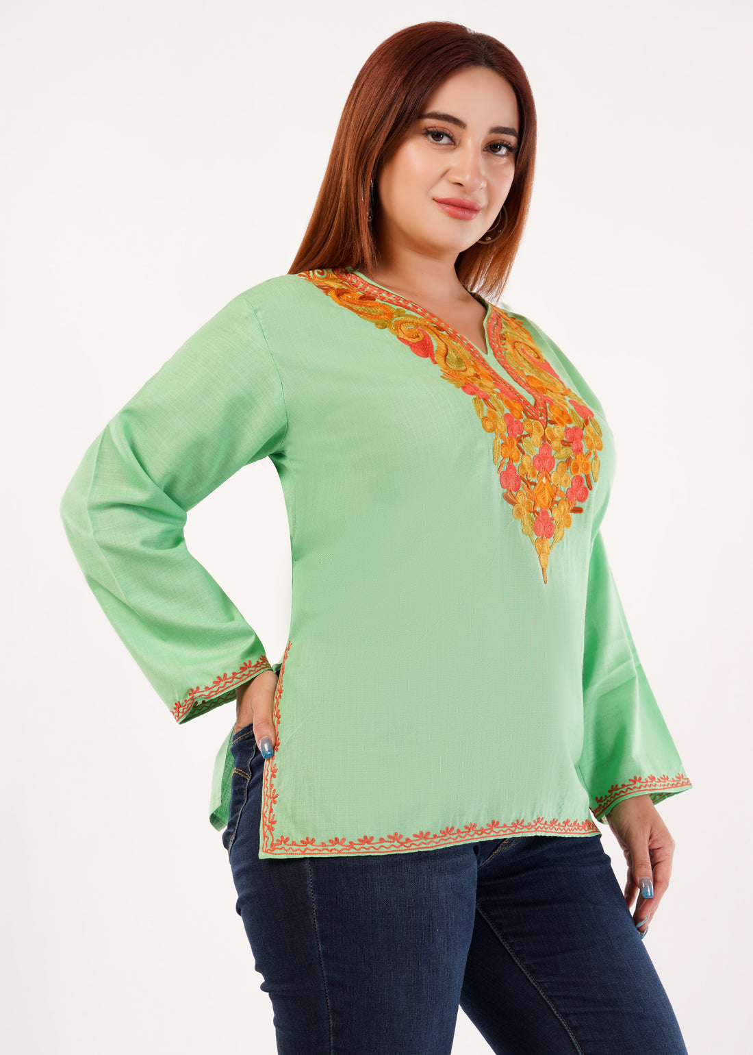 Kashmiri Aari embroidery Cotton Short Kurti Size-46 (Green)