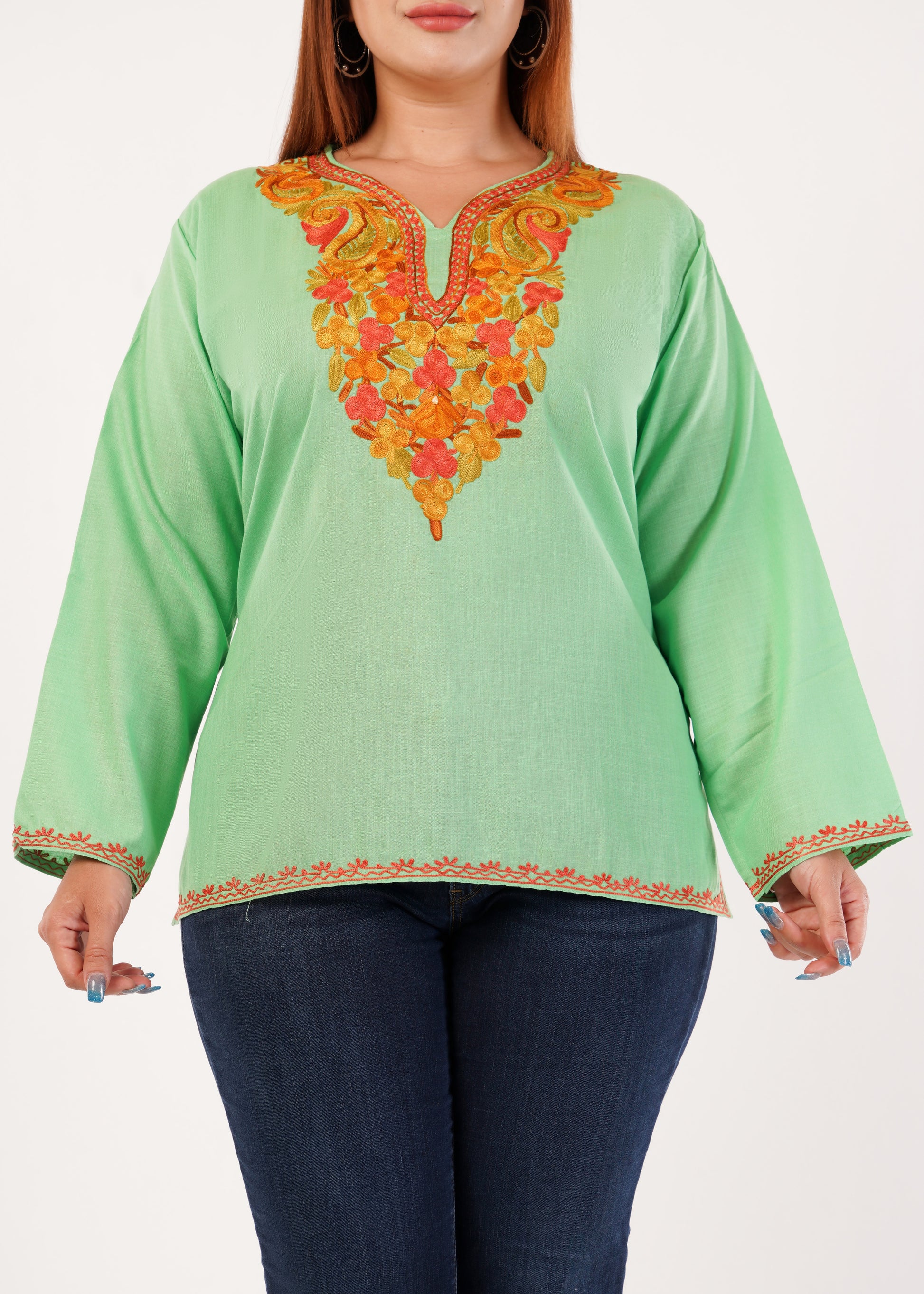 Kashmiri Aari embroidery Cotton Short Kurti Size-46 (Green)