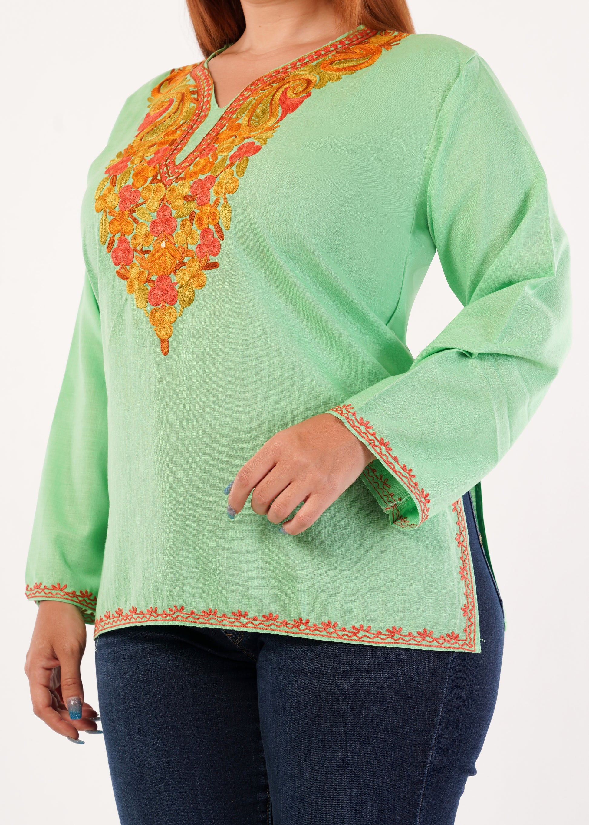 Kashmiri Aari embroidery Cotton Short Kurti Size-46 (Green)