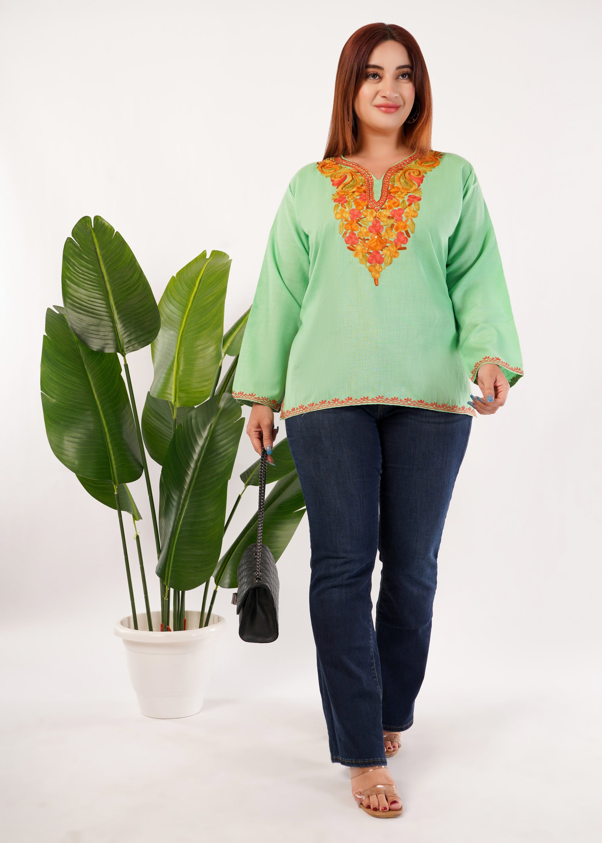 Kashmiri Aari embroidery Cotton Short Kurti Size-46 (Green)