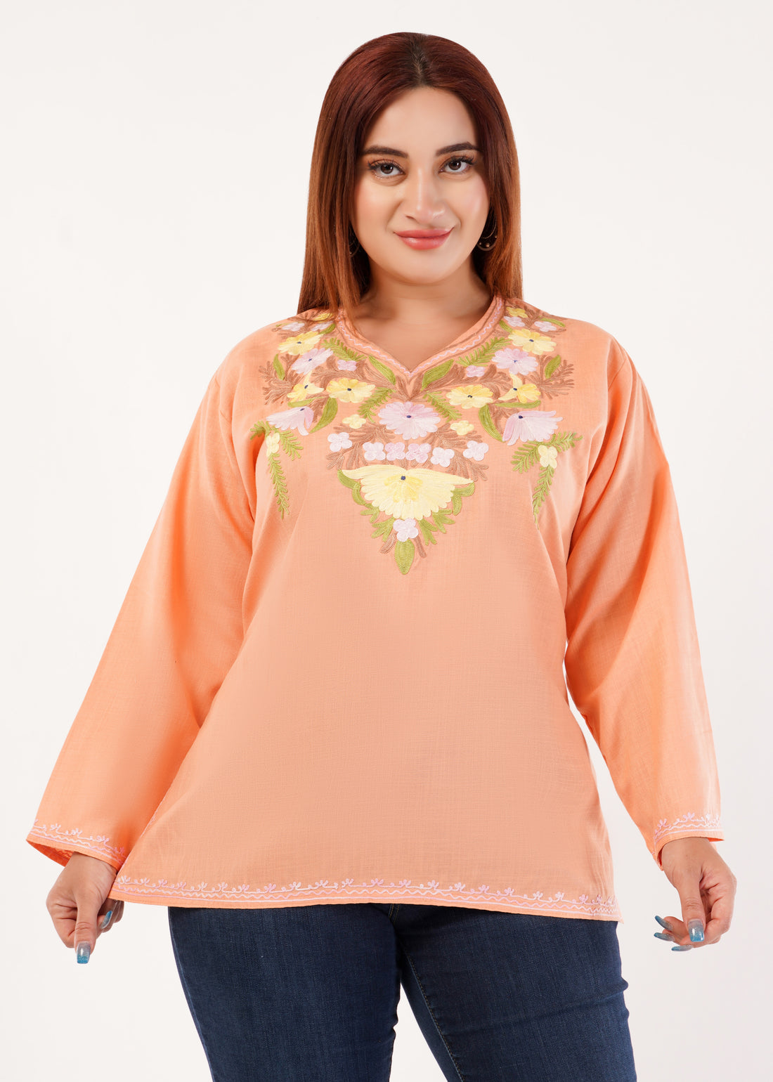 Kashmiri Aari embroidery Cotton Short Kurti Size-46 (Peach)