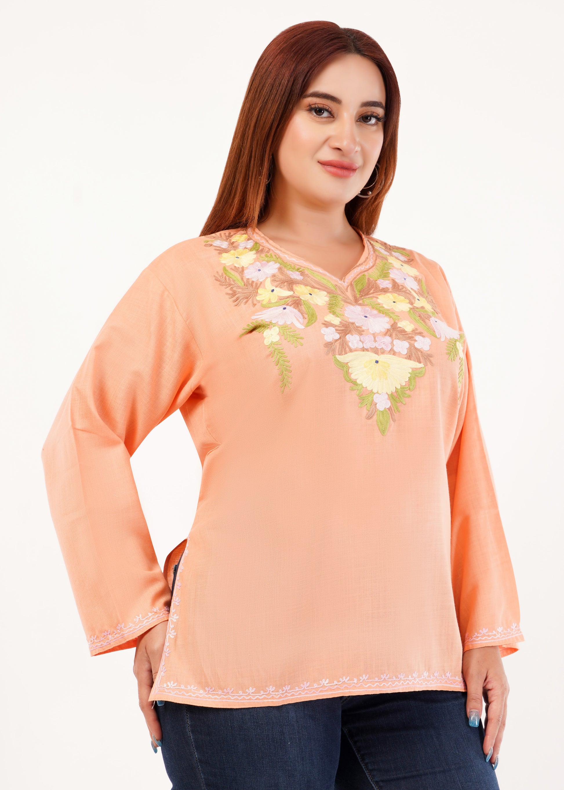 Kashmiri Aari embroidery Cotton Short Kurti Size-46 (Peach)