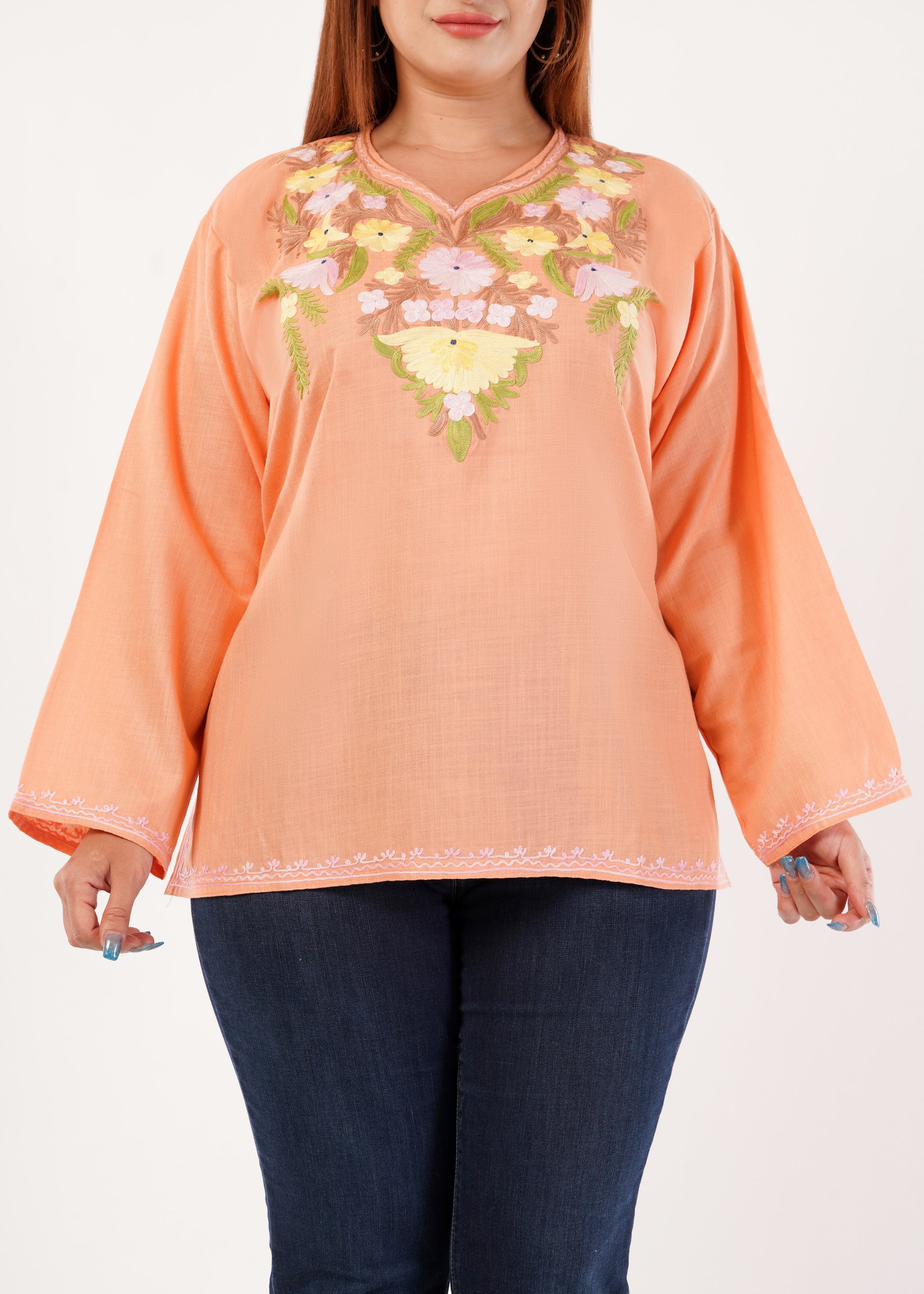 Kashmiri Aari embroidery Cotton Short Kurti Size-46 (Peach)