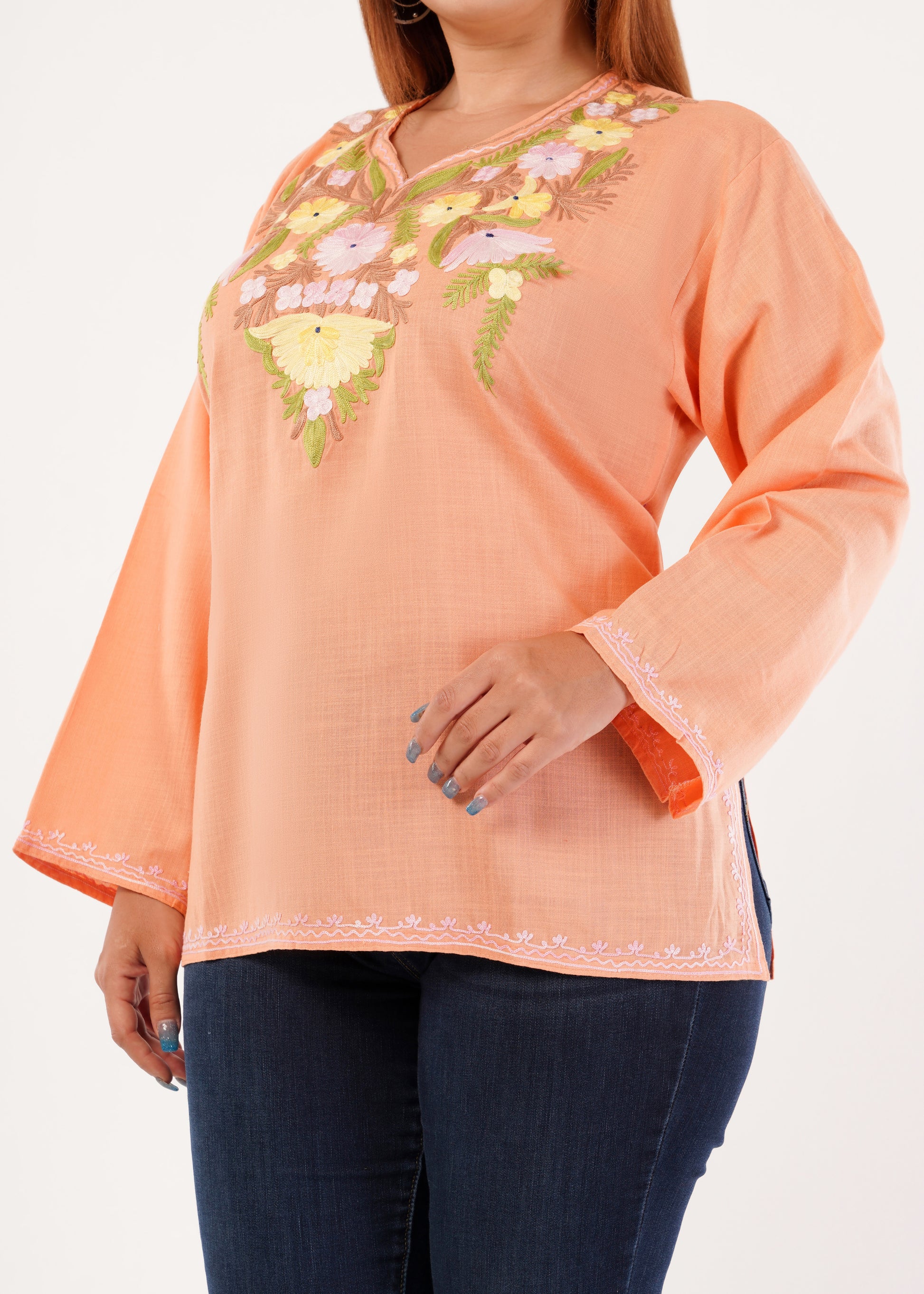 Kashmiri Aari embroidery Cotton Short Kurti Size-46 (Peach)