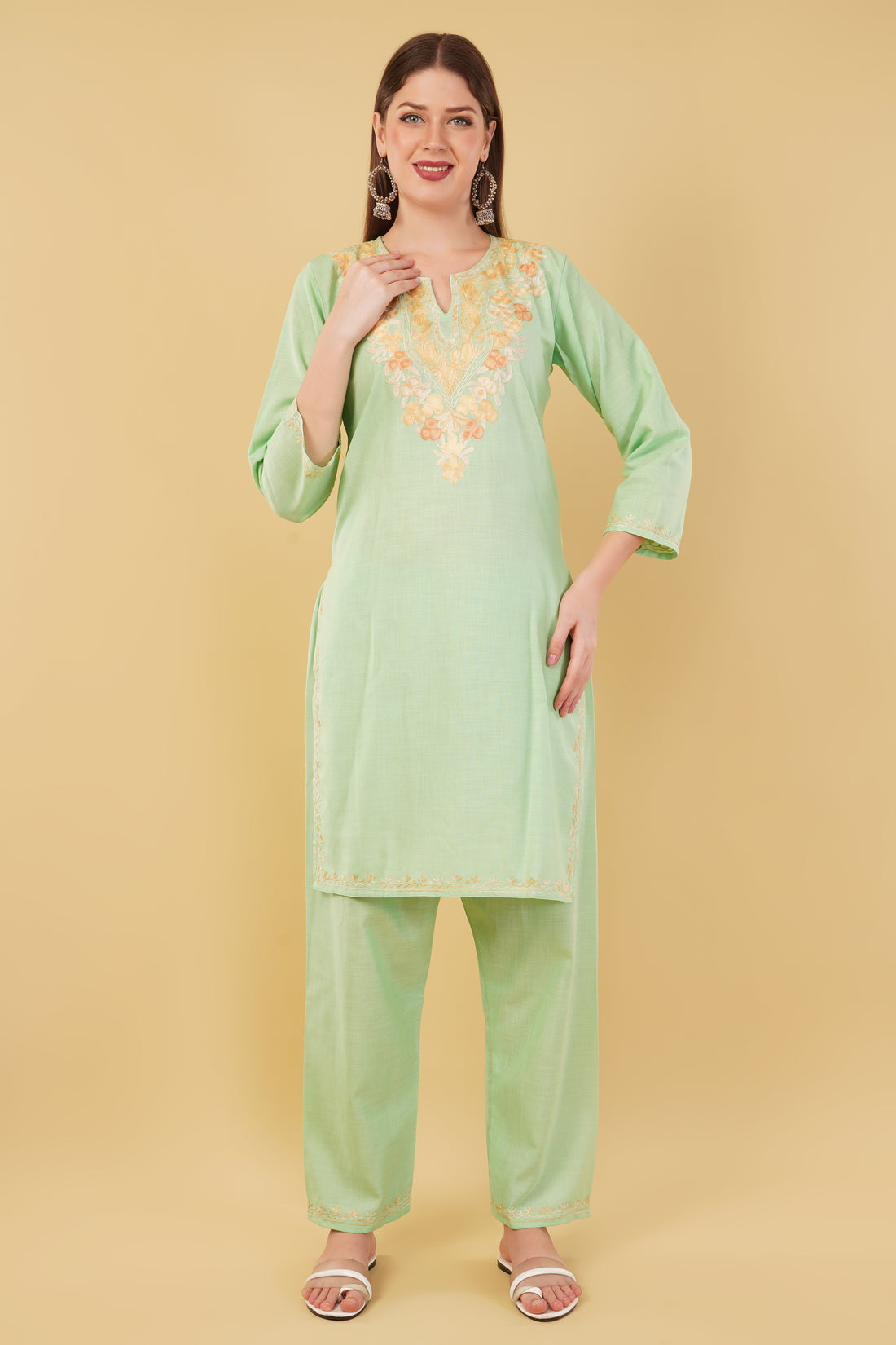 Kashmiri Aari embroidery Cotton Co-ord set Size-42 (Green)