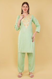 Kashmiri Aari embroidery Cotton Co-ord set Size-42 (Green)