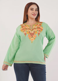 Kashmiri Aari embroidery Cotton Short Kurti Size-46 (Green)