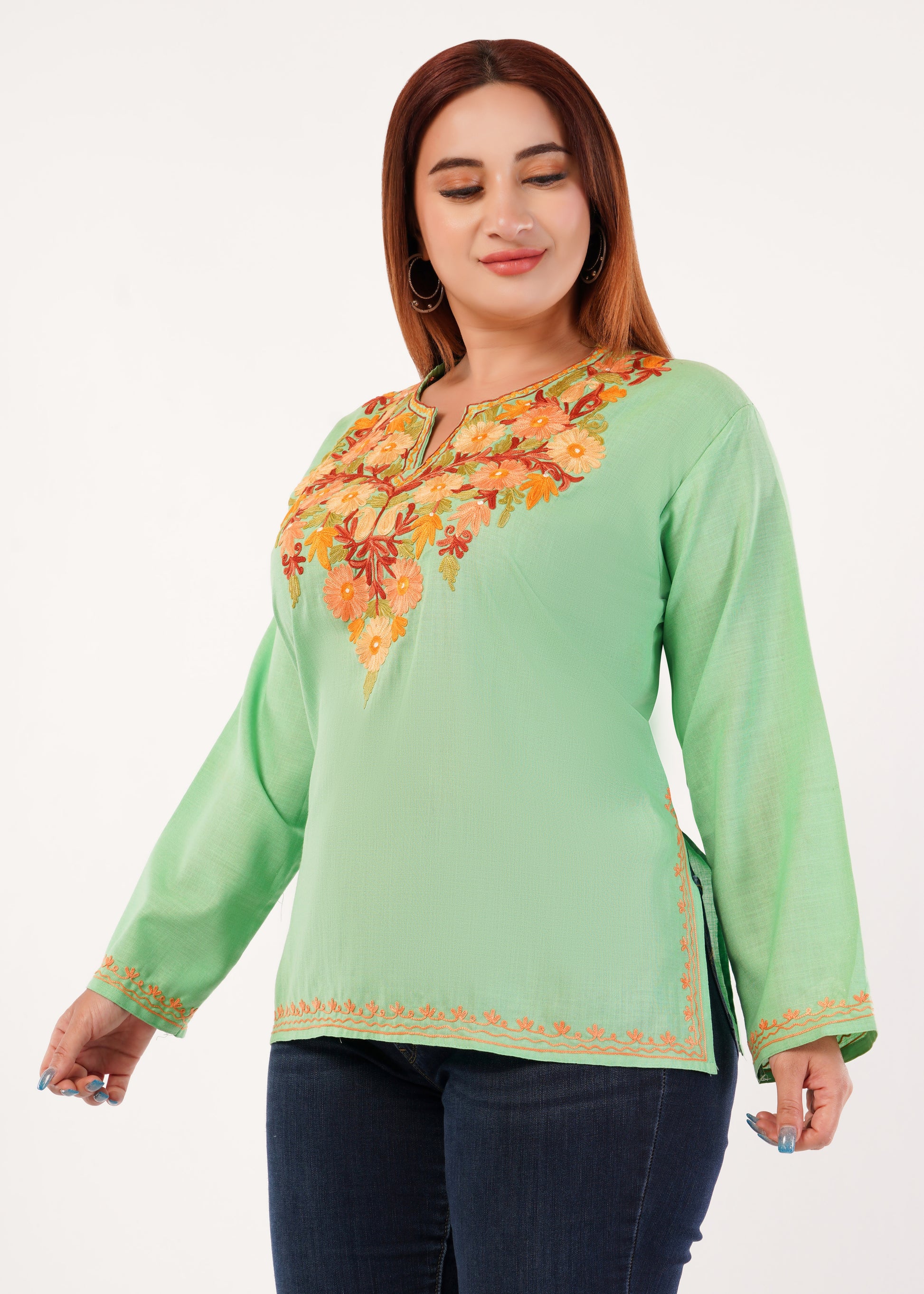 Kashmiri Aari embroidery Cotton Short Kurti Size-46 (Green)