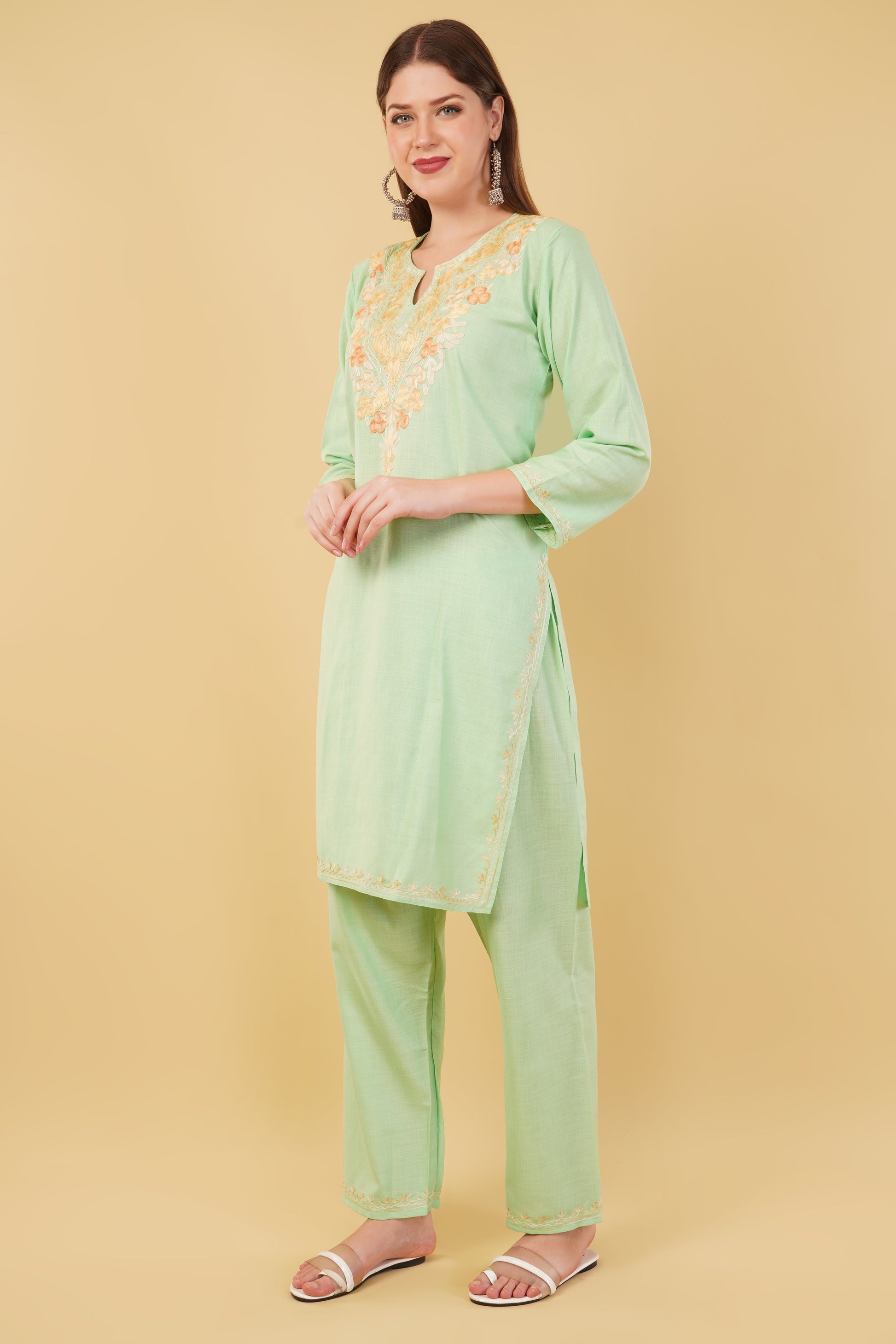 Kashmiri Aari embroidery Cotton Co-ord set Size-42 (Green)