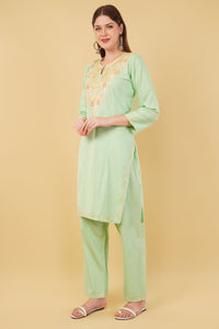 Kashmiri Aari embroidery Cotton Co-ord set Size-42 (Green)