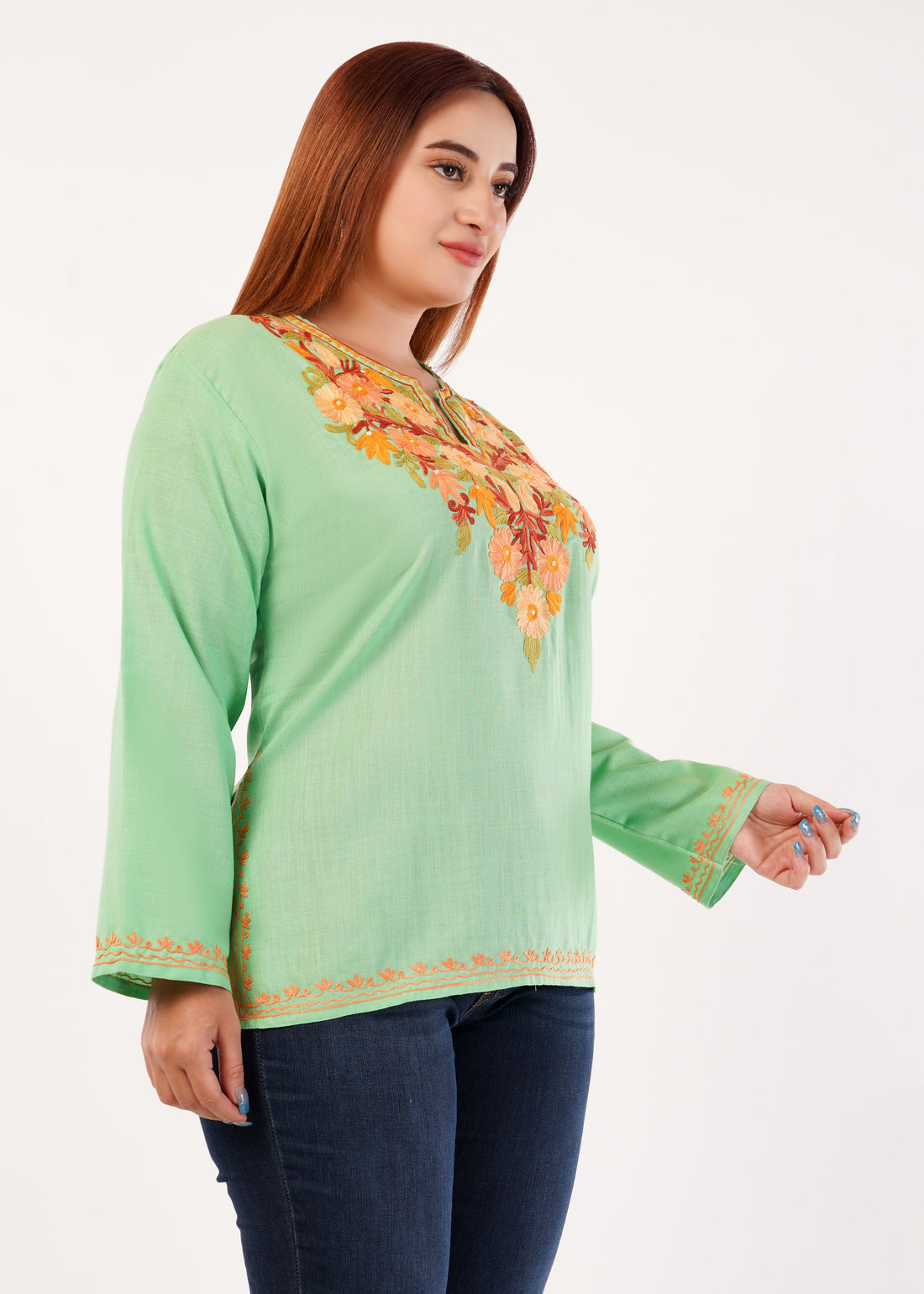 Kashmiri Aari embroidery Cotton Short Kurti Size-46 (Green)