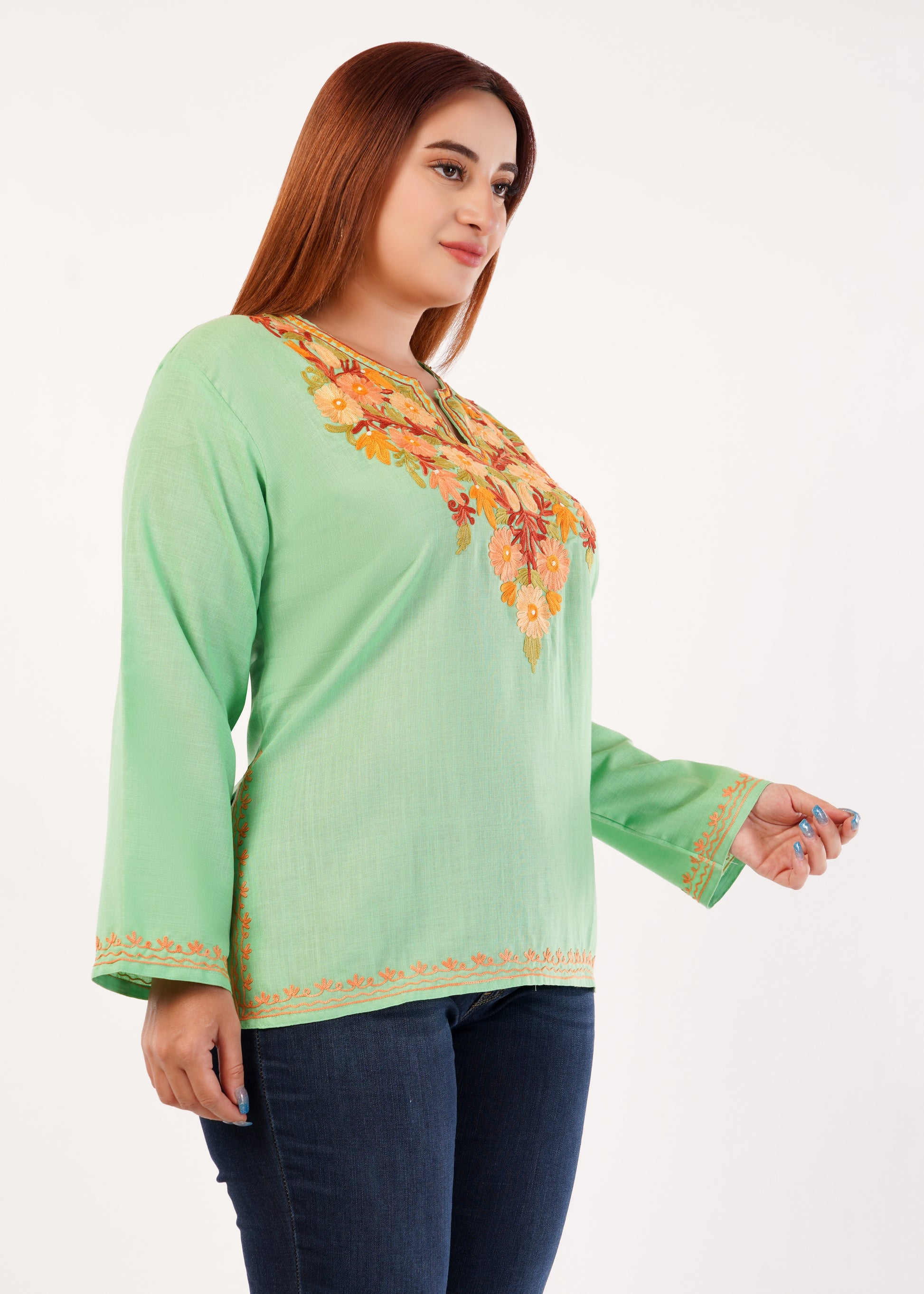 Kashmiri Aari embroidery Cotton Short Kurti Size-46 (Green)