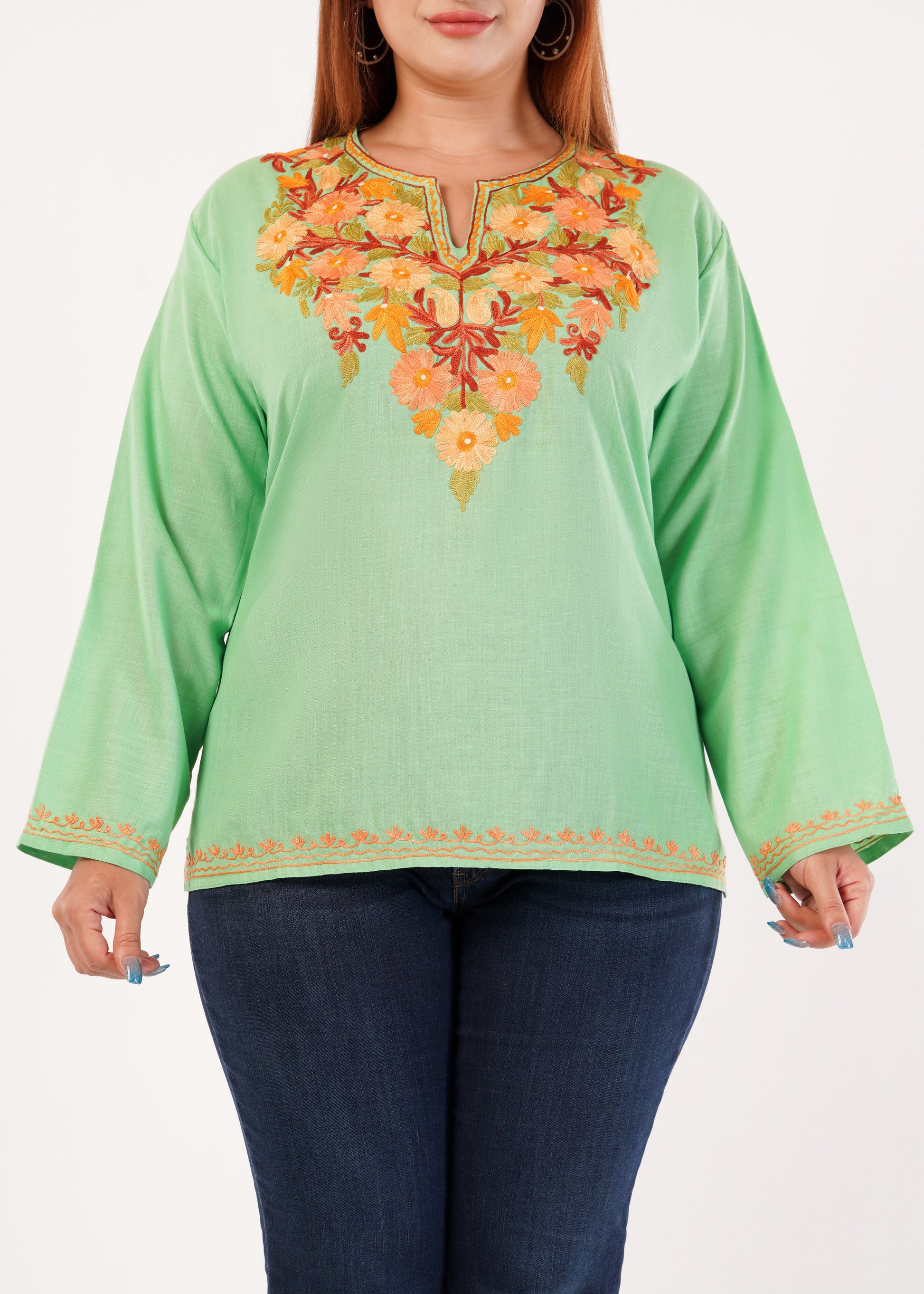 Kashmiri Aari embroidery Cotton Short Kurti Size-46 (Green)