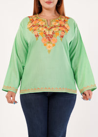 Kashmiri Aari embroidery Cotton Short Kurti Size-46 (Green)