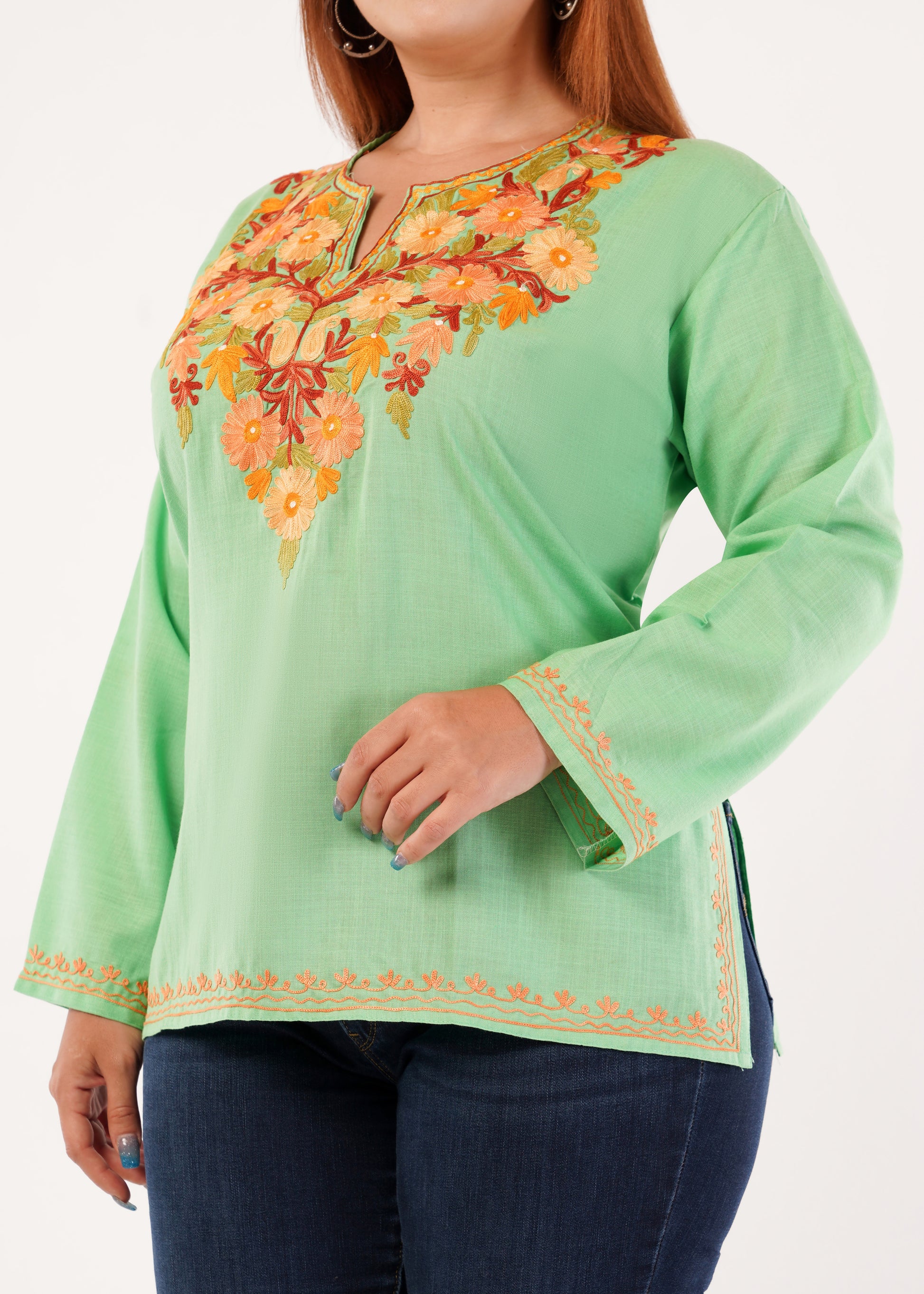 Kashmiri Aari embroidery Cotton Short Kurti Size-46 (Green)