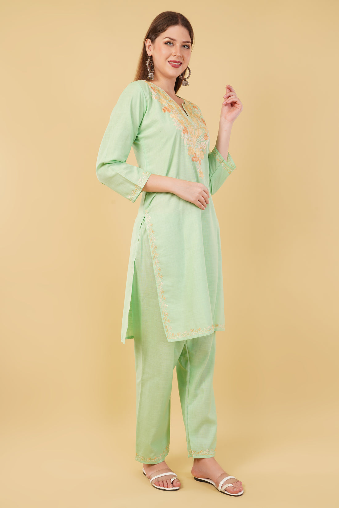Kashmiri Aari embroidery Cotton Co-ord set Size-42 (Green)