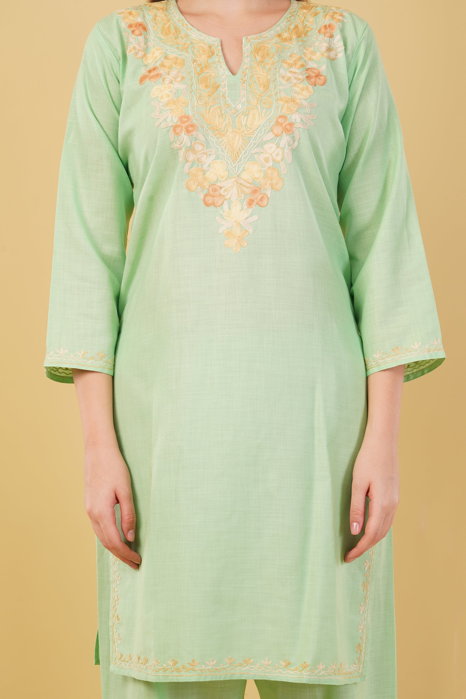 Kashmiri Aari embroidery Cotton Co-ord set Size-42 (Green)