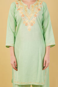 Kashmiri Aari embroidery Cotton Co-ord set Size-42 (Green)