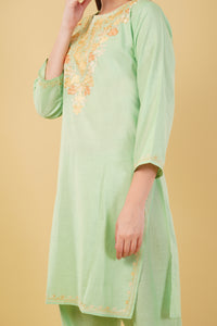 Kashmiri Aari embroidery Cotton Co-ord set Size-42 (Green)