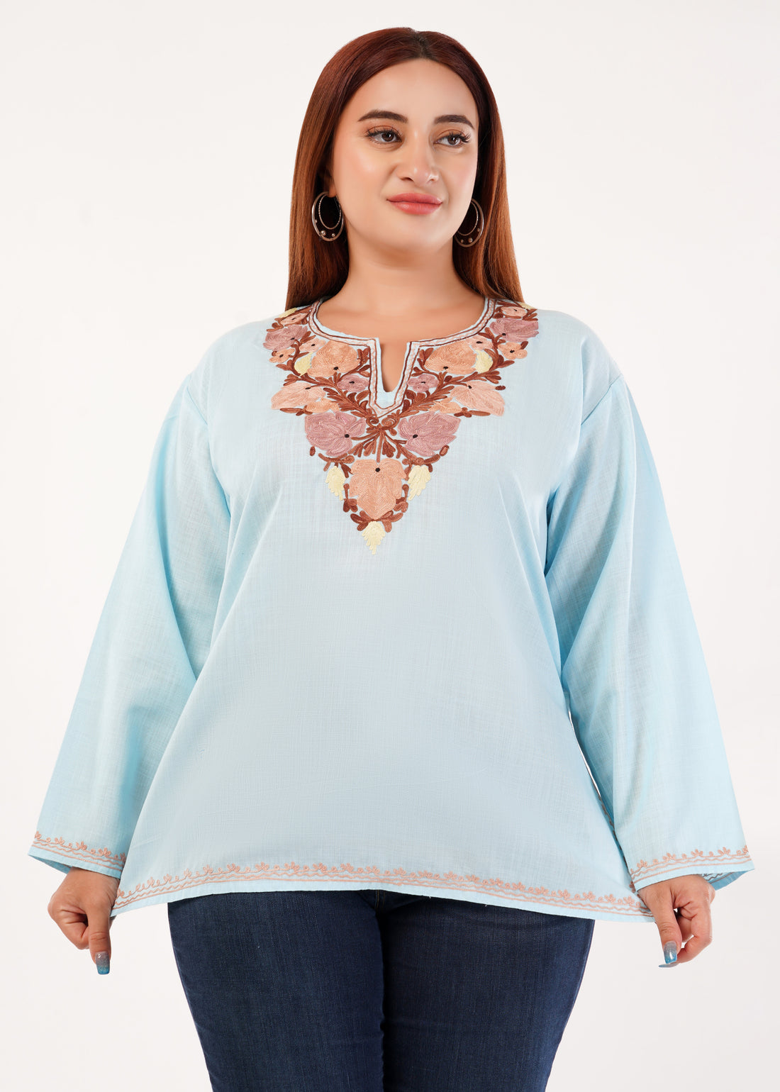 Kashmiri Aari embroidery Cotton Short Kurti Size-46 (Sky Blue)