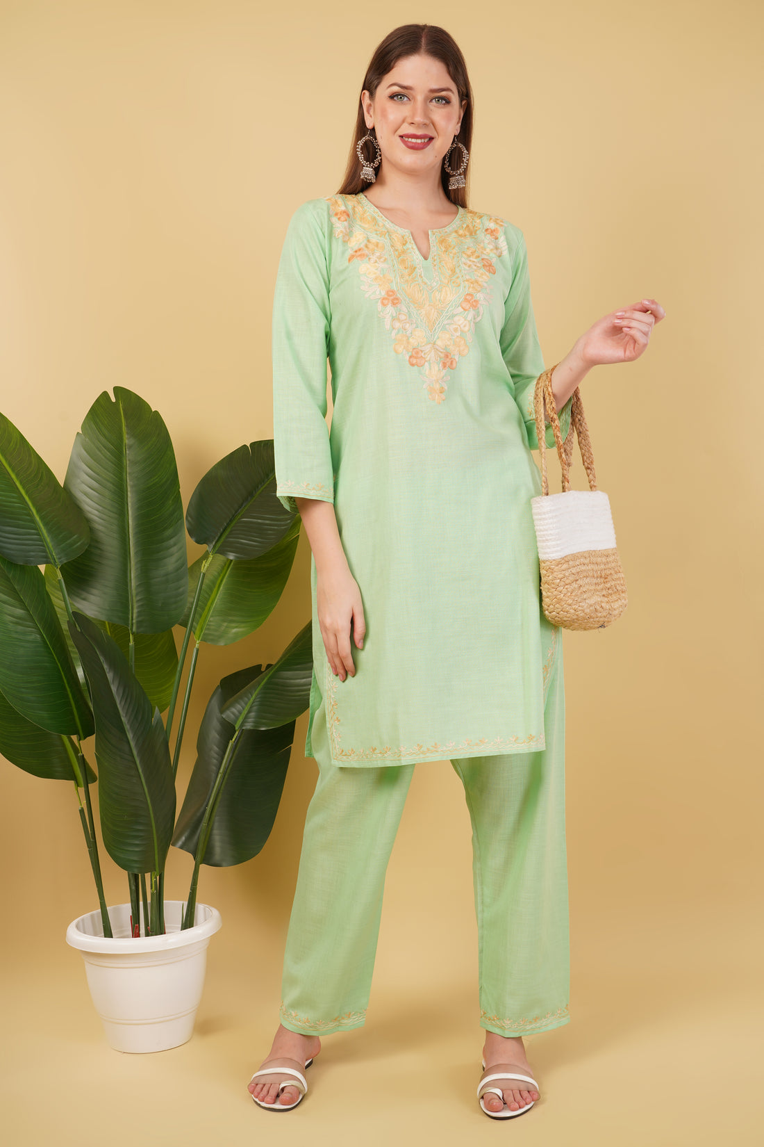 Kashmiri Aari embroidery Cotton Co-ord set Size-42 (Green)