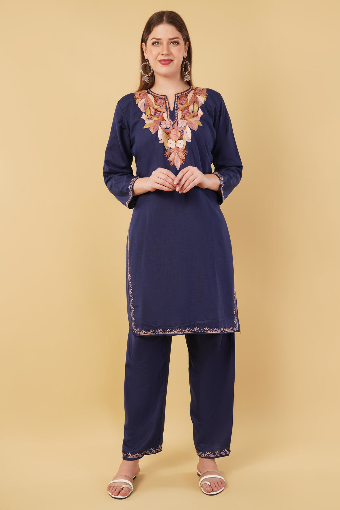 Kashmiri Aari embroidery Cotton Co-ord set Size-42 (Navy Blue)