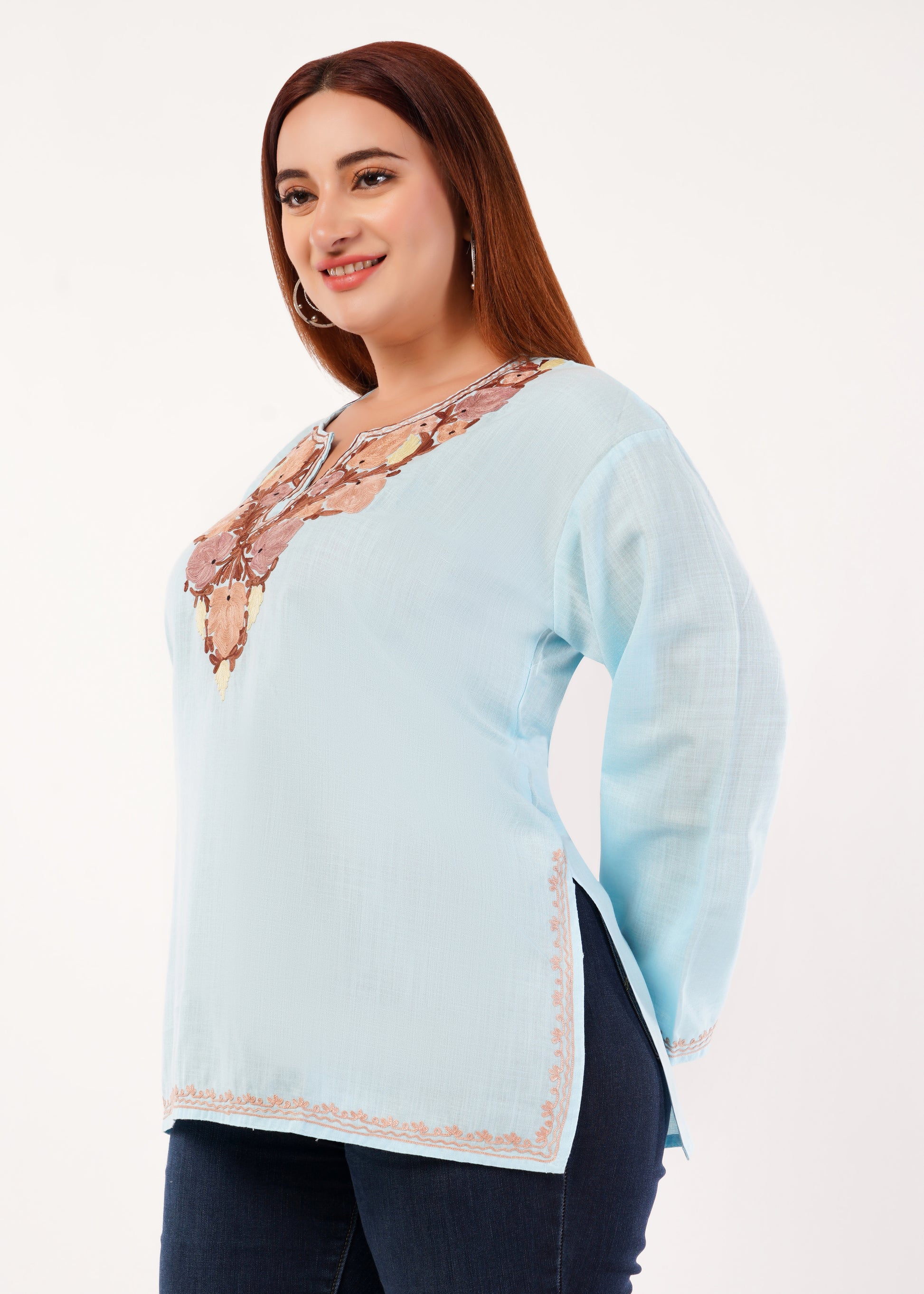 Kashmiri Aari embroidery Cotton Short Kurti Size-46 (Sky Blue)