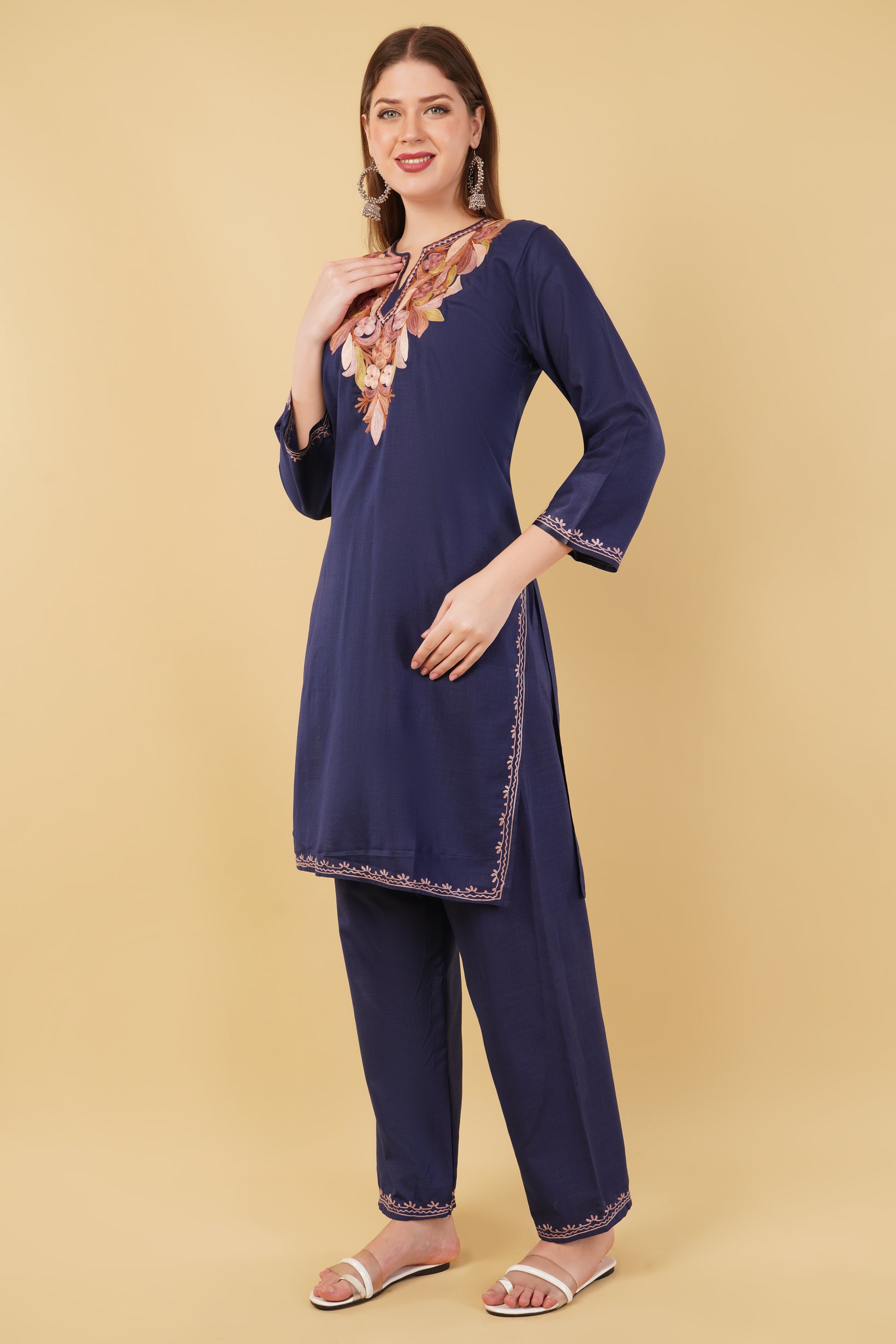 Kashmiri Aari embroidery Cotton Co-ord set Size-42 (Navy Blue)
